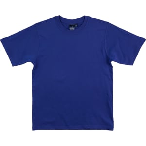 A blue premium tee featuring a classic crew neck design and short sleeves. It has a logo on the label.