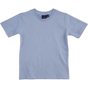 A light blue kids' t-shirt with short sleeves and a round neckline. Features a tag inside the collar.