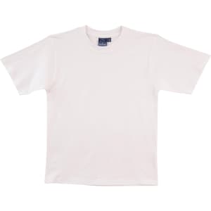 A plain white premium tee shirt with a round neckline and short sleeves. It features a logo on the label.