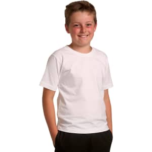 A white children's T-shirt displayed on a smiling boy, featuring short sleeves and a simple design.