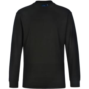 A black long-sleeve cotton crew neck t-shirt featuring a tag with a logo at the neckline.