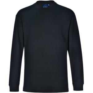 A long-sleeve crew neck t-shirt in black, featuring a logo tag at the neckline.
