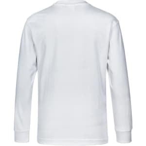 A white long-sleeve cotton crew neck t-shirt with a simple design and no visible logos.