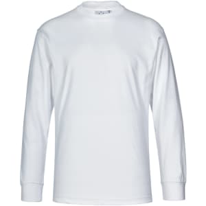 A white long-sleeved cotton crew neck T-shirt with a simple design and a logo.