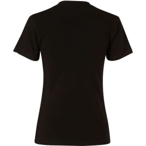 A black ladies' V-neck short sleeve T-shirt with a simple design and no visible branding.