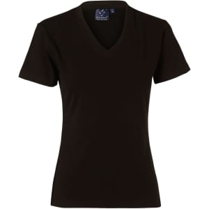 A black ladies' v-neck short sleeve tee with a fitted style and a label tag inside.