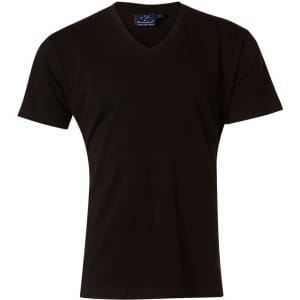 A black men's V-neck short sleeve tee with a simple design and a brand logo on the neckline.