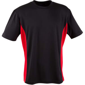 A black and red short sleeve t-shirt with a logo on it, featuring contrast panels on the sides.