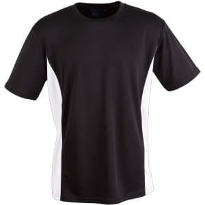 A short sleeve T-shirt in black with white contrast side panels. It features a logo on the front.