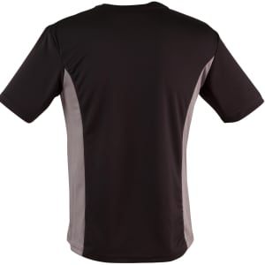 A black short sleeve t-shirt with grey contrast panels on the sides. It features a logo on the back.