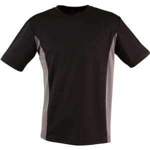 A black short sleeve t-shirt with grey contrast panels and a logo on the front.