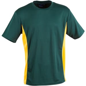 A green and yellow short sleeve contrast tee with a logo on the chest area.