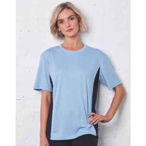 A short sleeve tee in light blue with dark navy side panels, featuring a logo on the front.