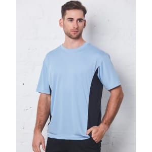 A light blue short sleeve t-shirt with black side panel contrasts, featuring a logo.