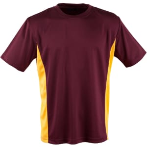 A short sleeve t-shirt in maroon with contrasting yellow sides and a logo.