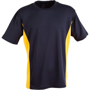 A short sleeve t-shirt featuring a navy blue body with yellow contrast side panels and a logo.
