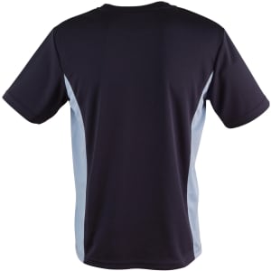 A navy blue t-shirt with light blue contrast panels on the sides. The shirt has a logo on it.