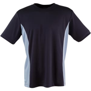 A short sleeve t-shirt featuring a navy body with light blue contrast panels and a logo.