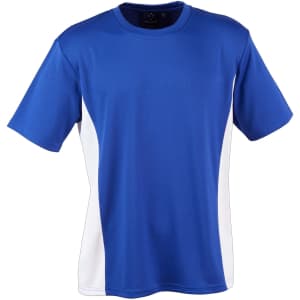 A blue short sleeve T-shirt with white contrast panels and a branding logo on the tag.