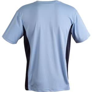 A short sleeve tee in light blue with navy contrast panels. Features a logo on the design.