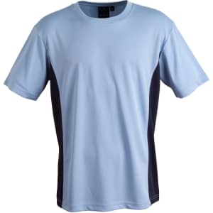 A light blue short sleeve tee with black contrast panels and a logo on the upper front.