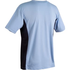 A short sleeve tee in light blue with black side panels, featuring a logo on the back.