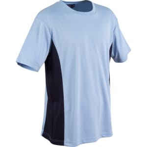 A light blue short sleeve T-shirt with navy contrast side panels and a logo.