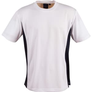 A short sleeve t-shirt in white with black contrast sides. Features a logo on the upper portion.