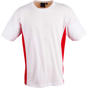 A short sleeve t-shirt featuring a white body with red contrast panels and a logo on the tag.