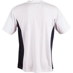 A short sleeve T-shirt featuring a white front and contrasting black sides, with a logo on the back.