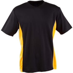 A black and yellow kids' short-sleeve t-shirt with a contrast design and a logo.