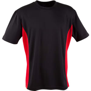 A short-sleeved black and red t-shirt with contrast side panels and a simple design. It features a logo.