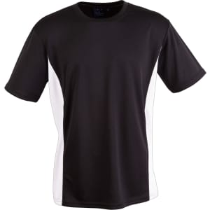 A black and white short-sleeved t-shirt featuring contrasting side panels and a logo.