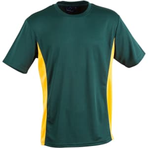A green and yellow kids' short-sleeve T-shirt with a contrasting side panel and a logo on the label.