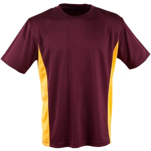 A maroon and yellow short-sleeved T-shirt with a logo on the chest. The shirt features contrasting side panels.