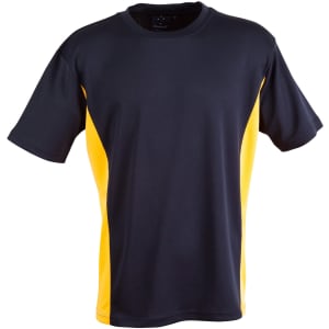 A dark navy blue and yellow short-sleeve T-shirt with a logo on the front.