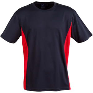 A black and red short-sleeved kids' T-shirt with contrast panel detailing. Features a logo on the front.