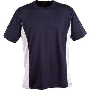 A navy and white kids' short-sleeve contrast tee with a logo. Suitable for casual wear or sports activities.