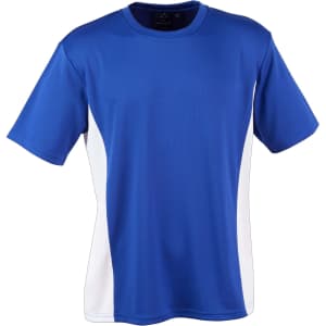 A blue and white short-sleeved t-shirt featuring a logo. Suitable for kids with a contrast design.