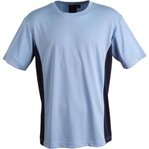 A light blue and navy short-sleeve t-shirt with a contrasting design and a small logo.