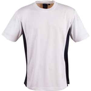 A short-sleeved children's t-shirt in white with black contrast panels and a logo at the neckline.