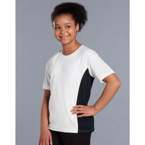 A child wearing a short-sleeved white and navy contrast tee with a logo on it.