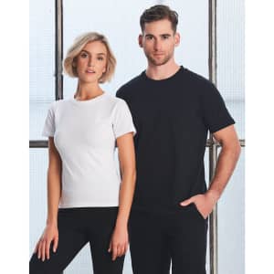 Men's fitted stretch tee in black, paired with a white fitted tee, displayed on two models against a textured backdrop.