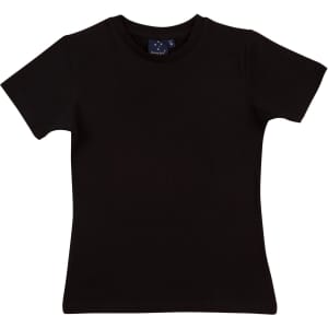 A black ladies' fitted stretch tee with short sleeves and a tag on the inside.