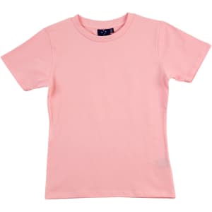 A fitted pink stretch t-shirt with a round neck and short sleeves, featuring a tag inside.
