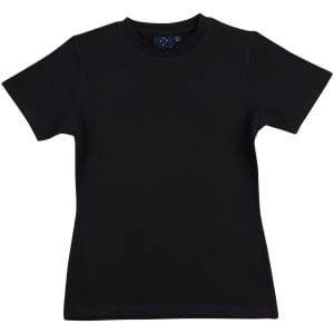 A black ladies' fitted stretch tee with short sleeves and a logo on the neckline.
