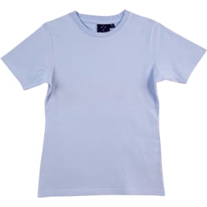 A light blue ladies' fitted stretch tee with a round neck and short sleeves, featuring a logo.