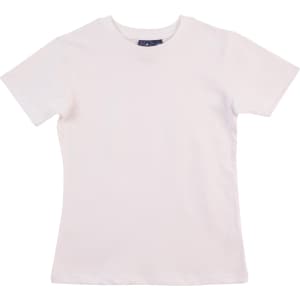A ladies' fitted stretch tee in white with a fitted design and a logo tag at the neck.