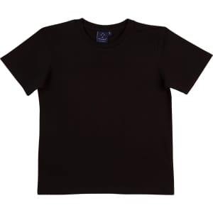 A black men's fitted stretch tee with a round neckline and short sleeves, featuring a logo on the label.