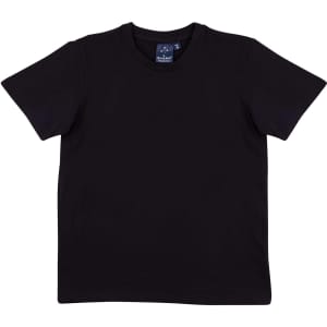 A black fitted stretch tee with short sleeves and a logo tag inside the neckline.